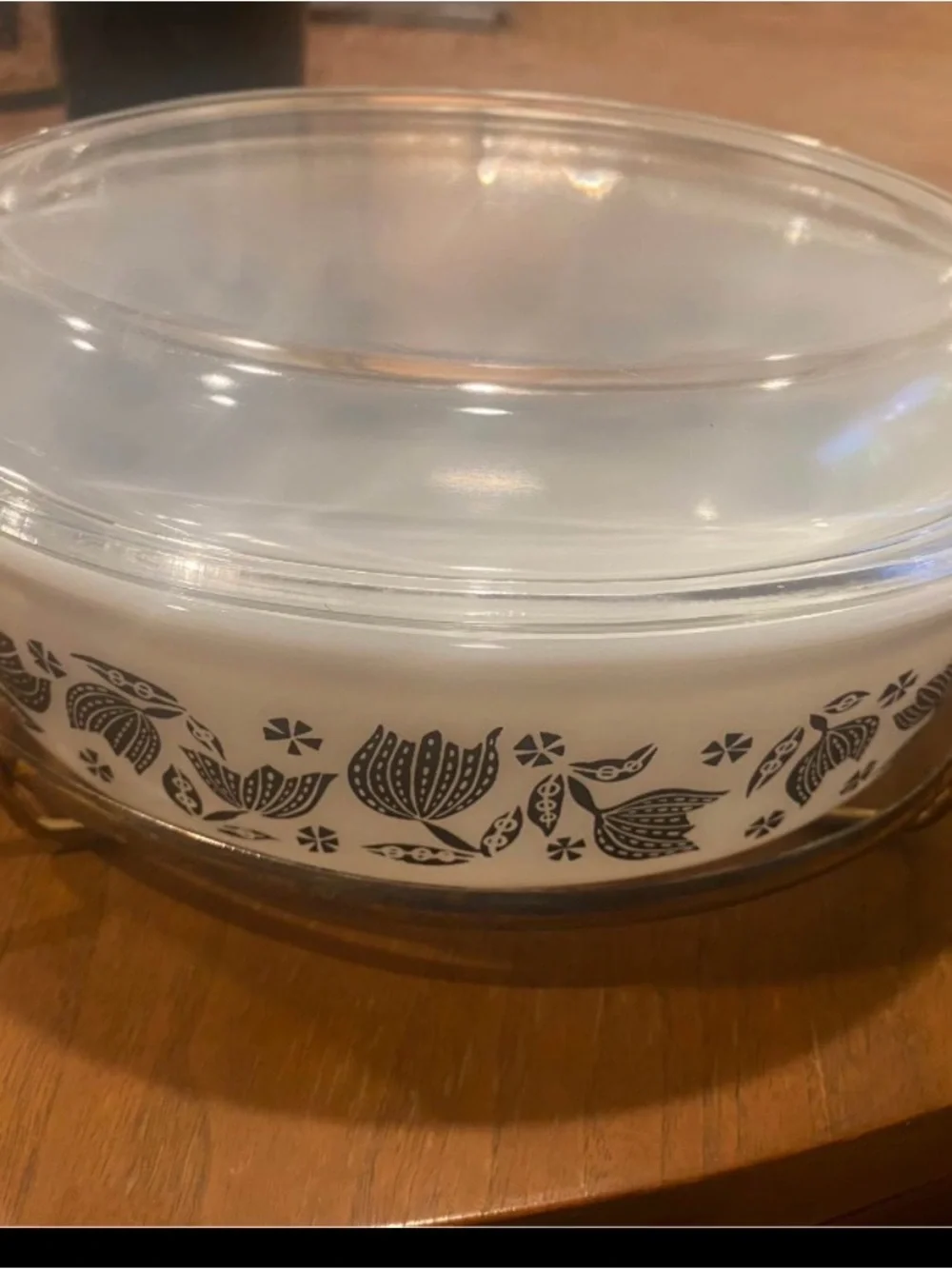 Pyrex White Glass Casserole Dish with Black Floral Band and Clear Lid